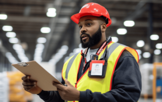 safety-vest-id-badge-radio-worker-clipboard-warehouse